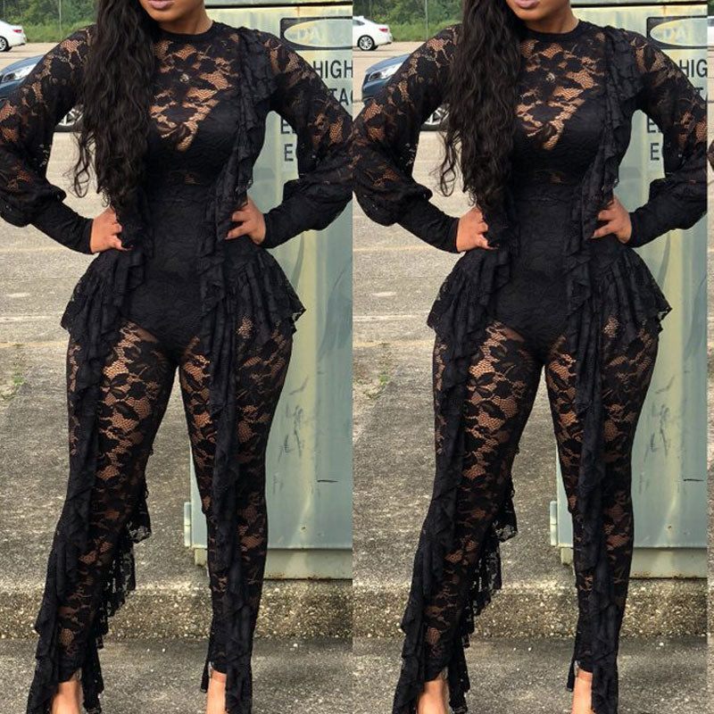 Solid Long Sleeve Lace Ruffle Design Jumpsuit