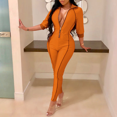 Colorblock Zipper Design Long Sleeve Jumpsuit