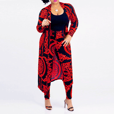 Print Long Sleeve Trench Coat & Pants Set