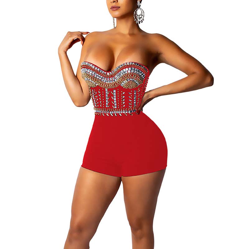 Rhinestone Off Shoulder High Waist Romper