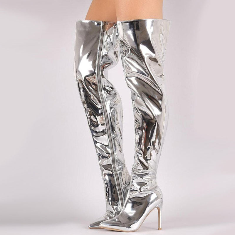 Pointed Toe Metallic Leather Knee-High Boots