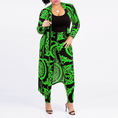 Print Long Sleeve Trench Coat & Pants Set