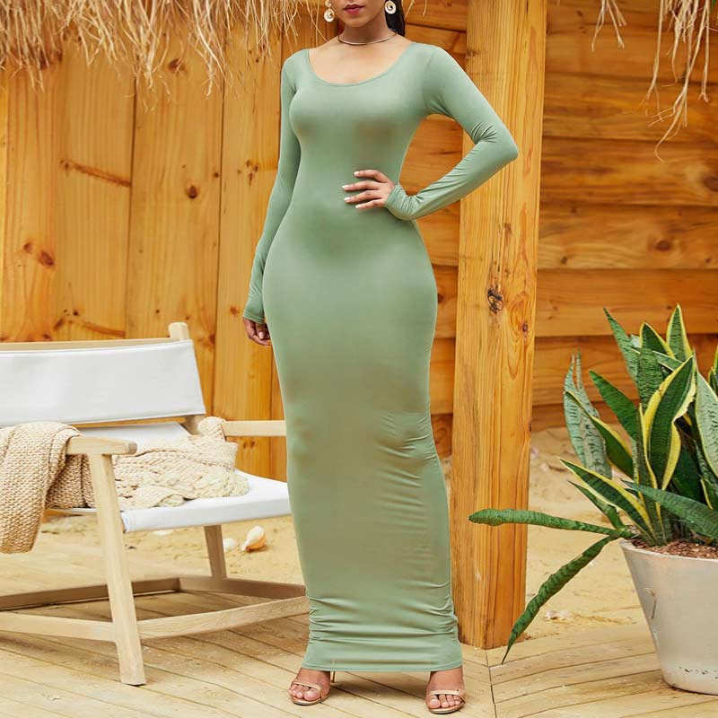 Solid Round Neck Long Sleeve Maxi Dress