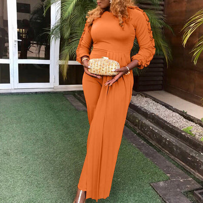 Solid Ruffles Long Sleeve Wide Leg High Waist Jumpsuit