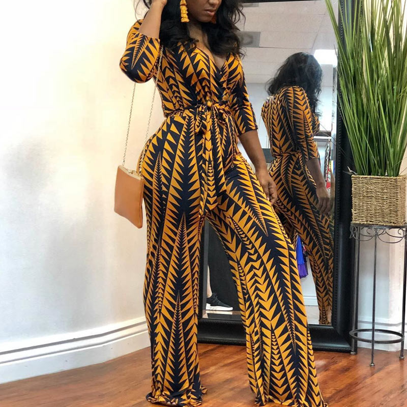 Geometric Print V-Neck Corset Jumpsuit