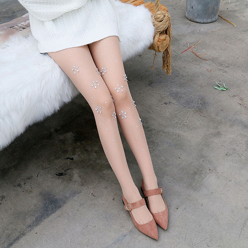 Studded Floral Pattern Sheer Mesh Stockings