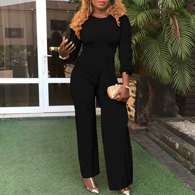 Solid Ruffles Long Sleeve Wide Leg High Waist Jumpsuit