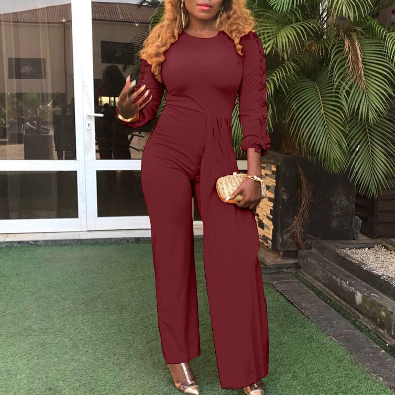 Solid Ruffles Long Sleeve Wide Leg High Waist Jumpsuit