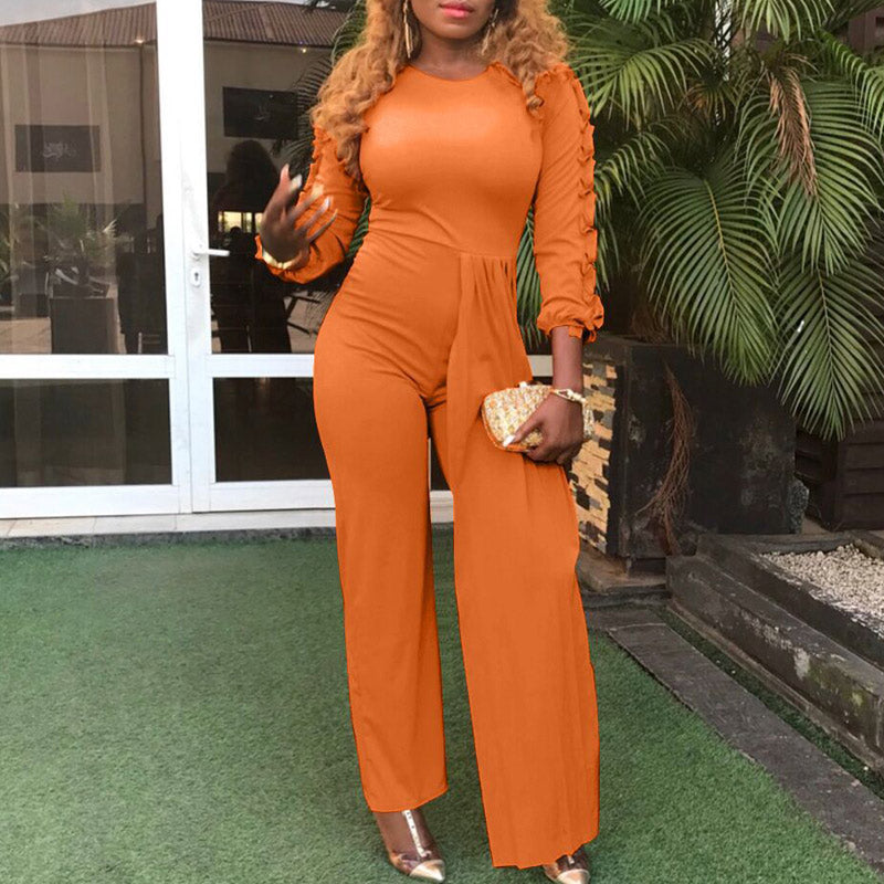 Solid Ruffles Long Sleeve Wide Leg High Waist Jumpsuit