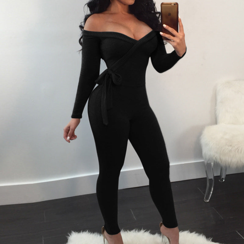 Solid Off Shoulder Tied Long Sleeve Jumpsuit