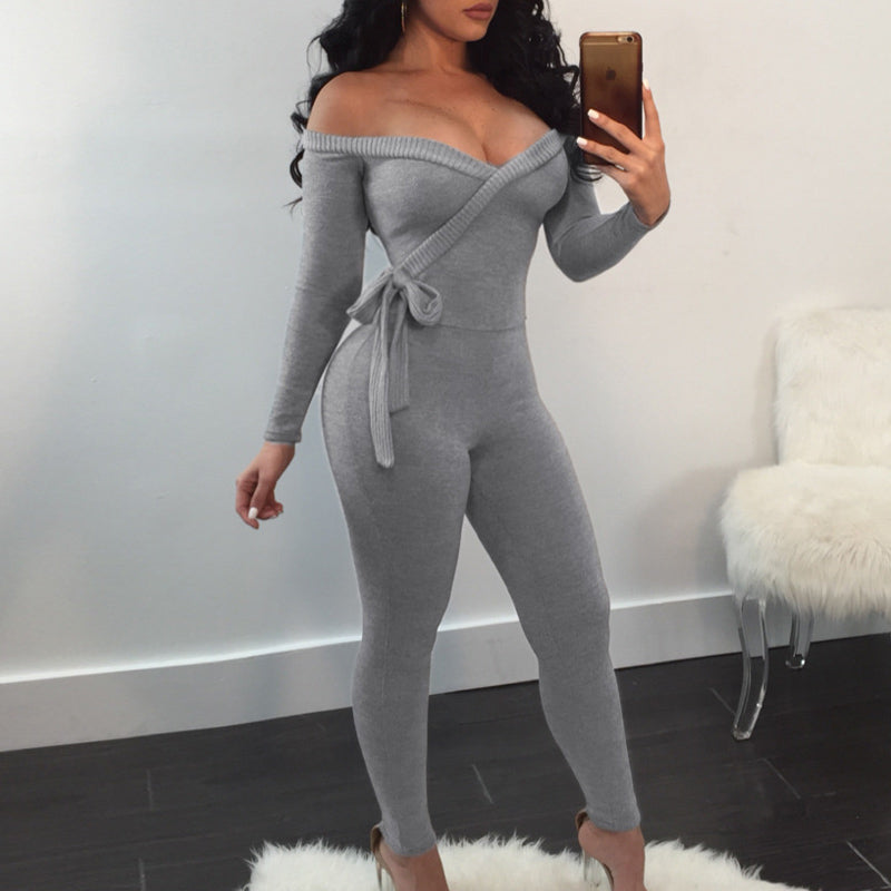 Solid Off Shoulder Tied Long Sleeve Jumpsuit