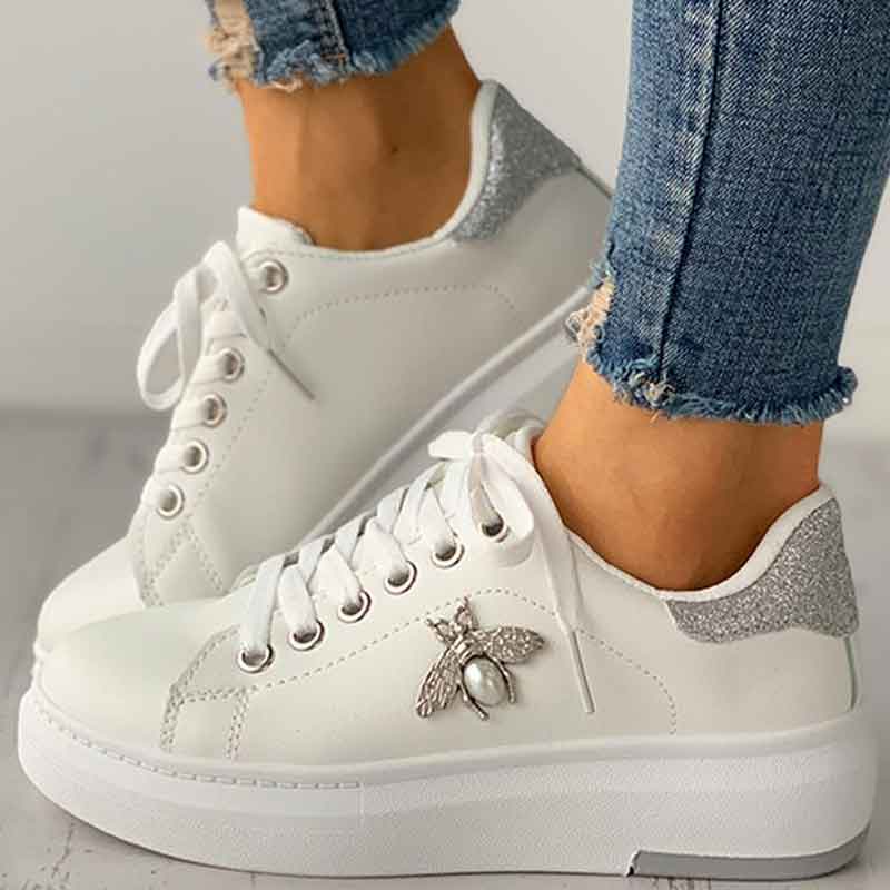 Sequins Bee Pattern Lace Up Sneakers