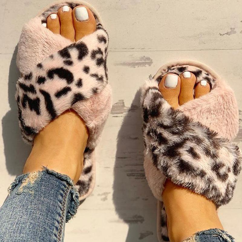 Fluffy Leopard Crisscross Peep Toe Slippers - Cherrybetty