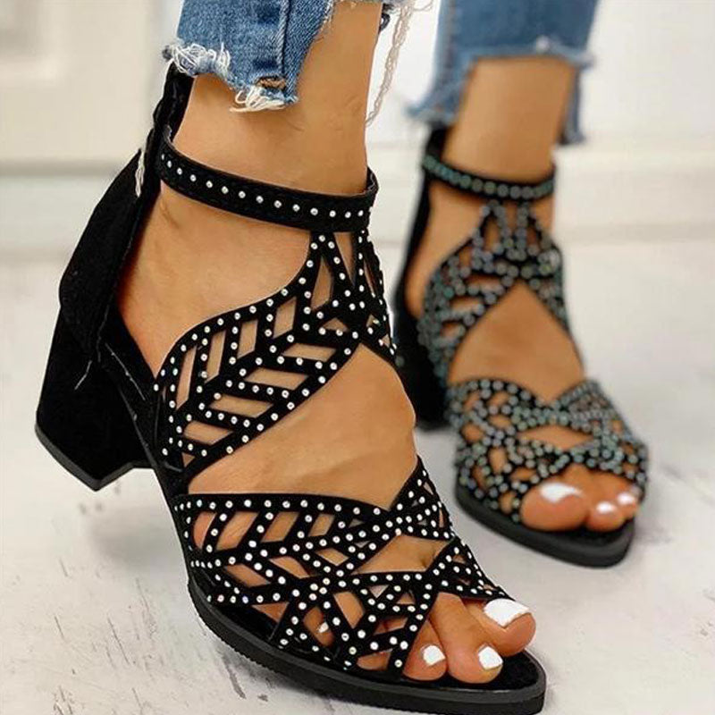 Rhinestone Hollow Out Ankle Strap Chunky Heels