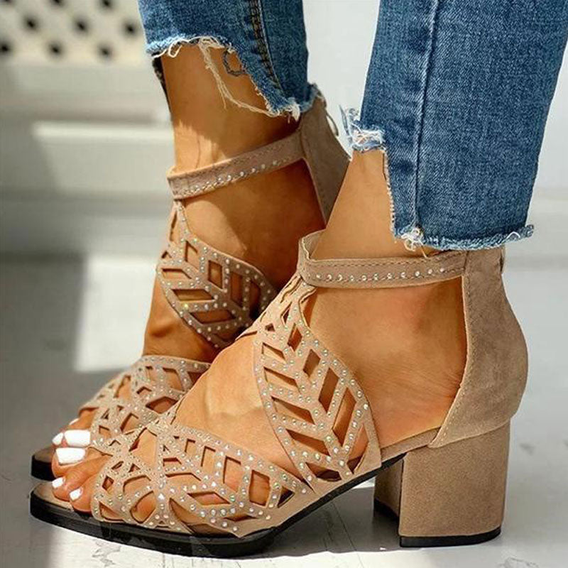 Rhinestone Hollow Out Ankle Strap Chunky Heels