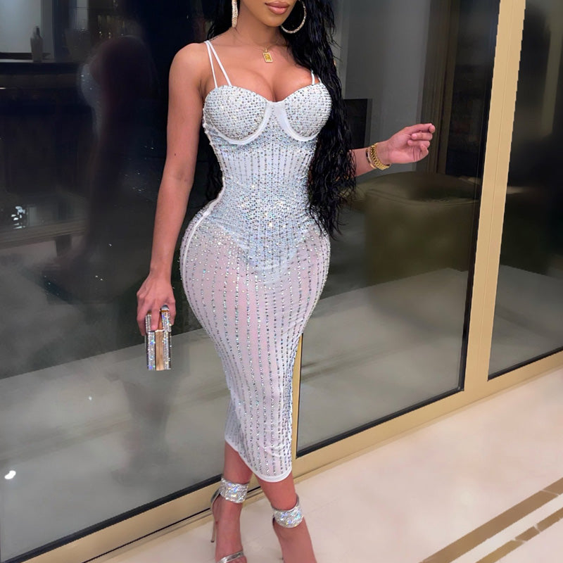 Rhinestone Sleeveless Spaghetti Strap Sheer Mesh Bodycon Dress