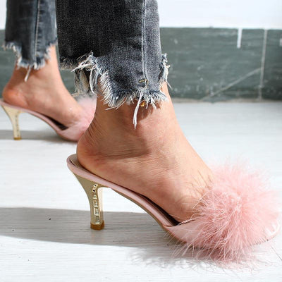 Fashion Sexy Rabbit Fur Low-heeled Sandals - Cherrybetty