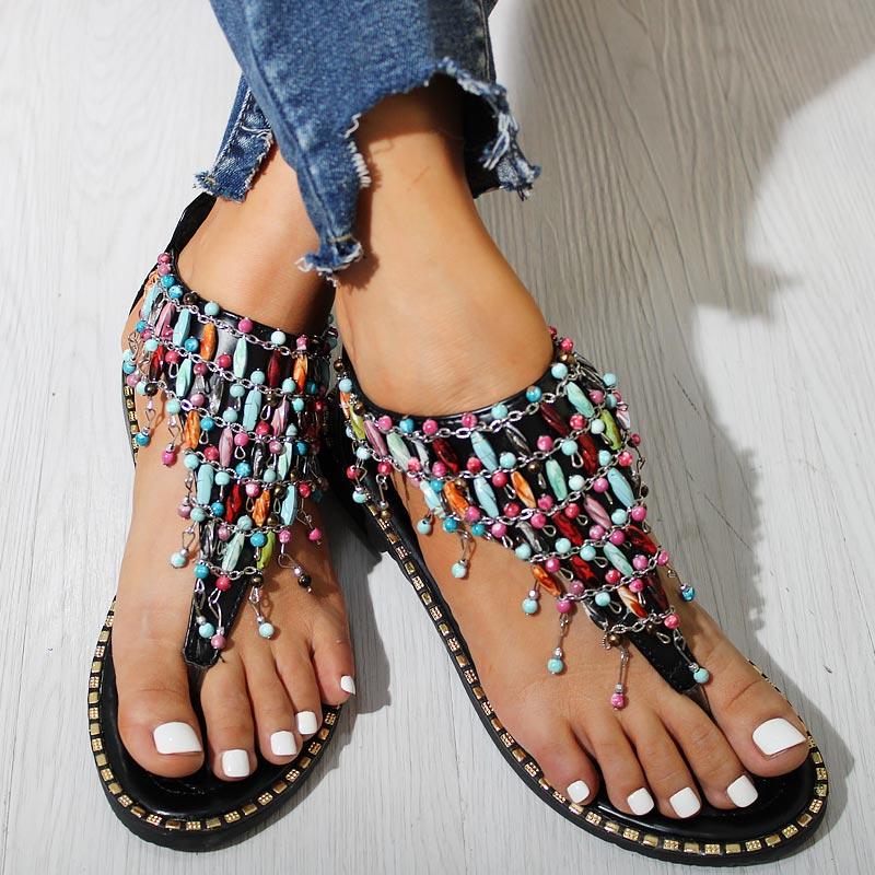 Fashion Ornaments Bohemian Style Zipper Flat Flip Flops Sandals - Cherrybetty