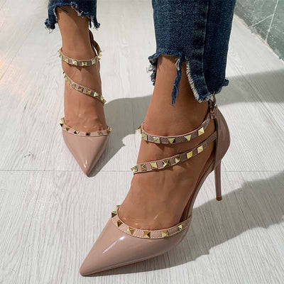 Fashion Pointed Rivet Strap Heels Sandals - Cherrybetty