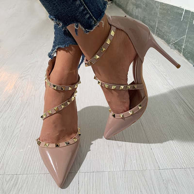 Fashion Pointed Rivet Strap Heels Sandals - Cherrybetty