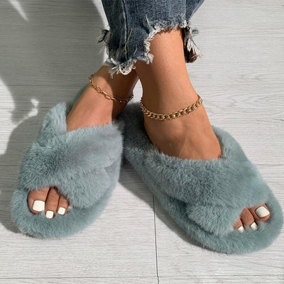 Solid Cross Strap Fluffy Flat Sandals - Cherrybetty