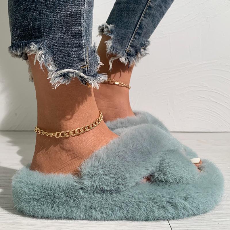 Solid Cross Strap Fluffy Flat Sandals - Cherrybetty