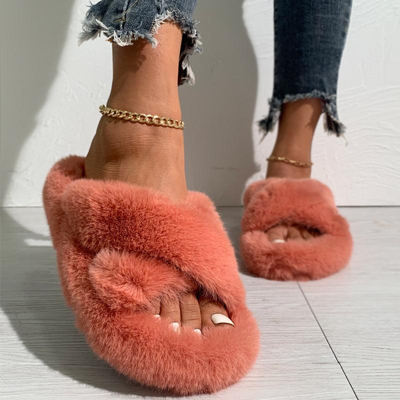 Solid Cross Strap Fluffy Flat Sandals - Cherrybetty