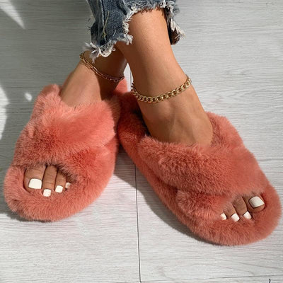 Solid Cross Strap Fluffy Flat Sandals - Cherrybetty