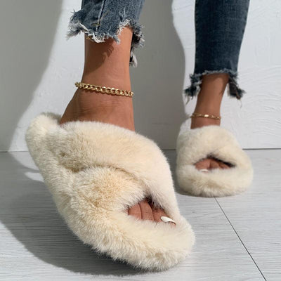 Solid Cross Strap Fluffy Flat Sandals - Cherrybetty