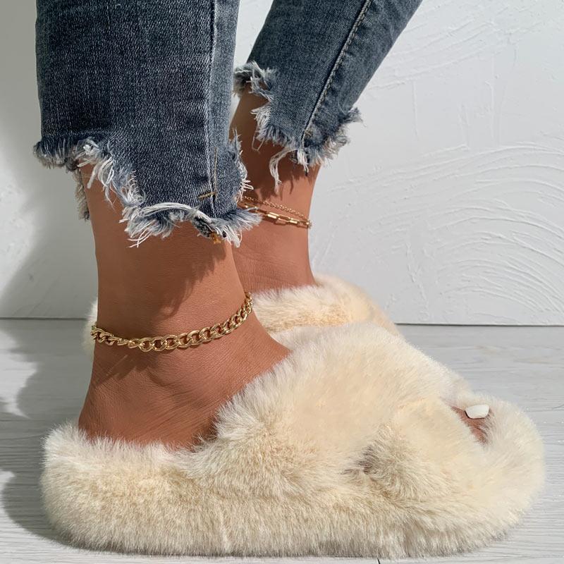 Solid Cross Strap Fluffy Flat Sandals - Cherrybetty