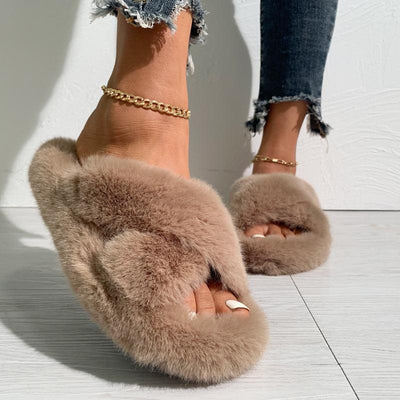 Solid Cross Strap Fluffy Flat Sandals - Cherrybetty