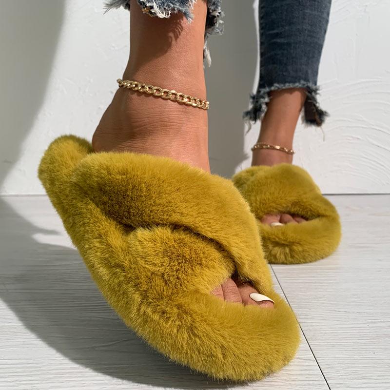 Solid Cross Strap Fluffy Flat Sandals - Cherrybetty