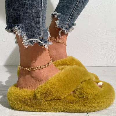 Solid Cross Strap Fluffy Flat Sandals - Cherrybetty