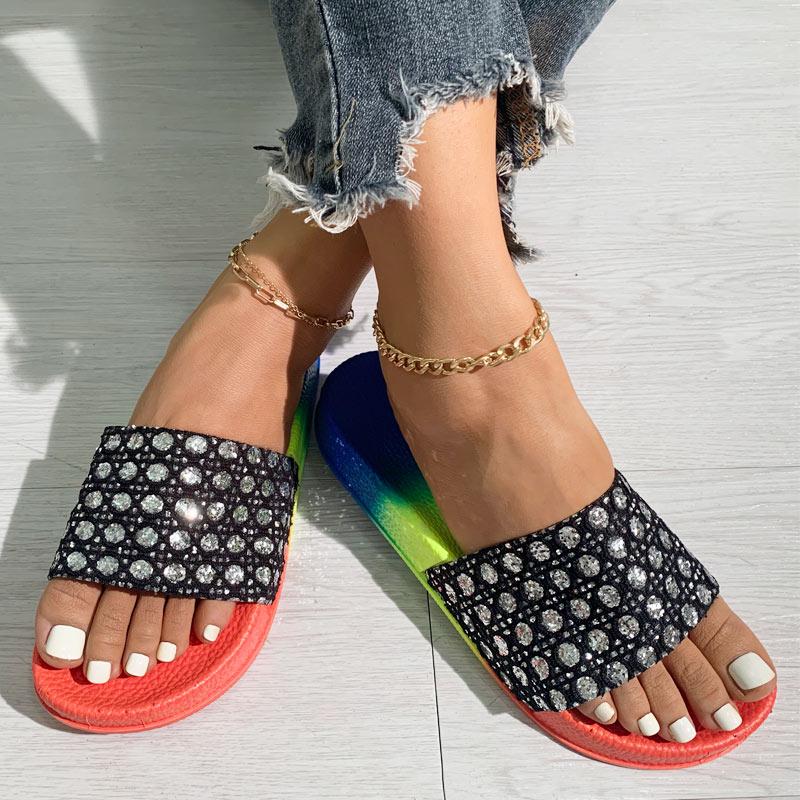 Colorblock Rhinestone Flat Sandals - Cherrybetty