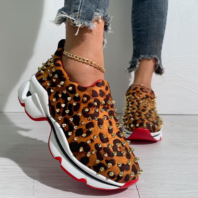 Leopard Print Rivet Casual Sneakers - Cherrybetty