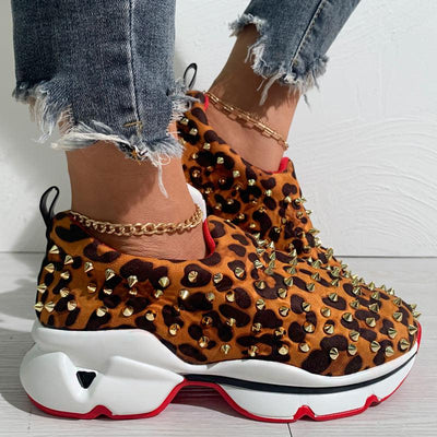 Leopard Print Rivet Casual Sneakers - Cherrybetty