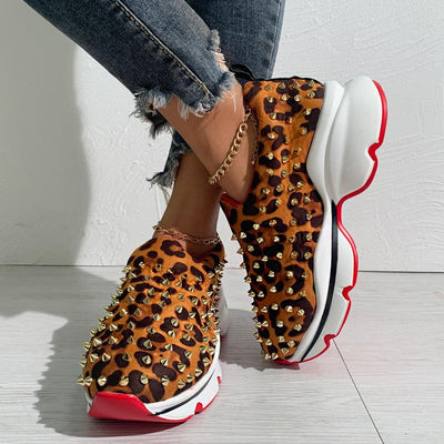 Leopard Print Rivet Casual Sneakers - Cherrybetty