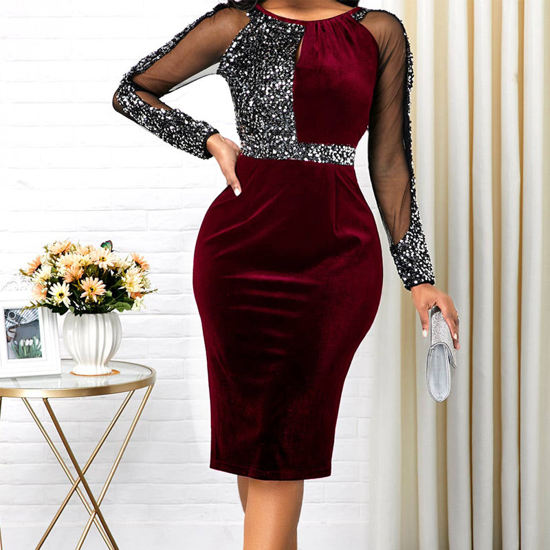 Sequin Mesh Stitching Bodycon Dress