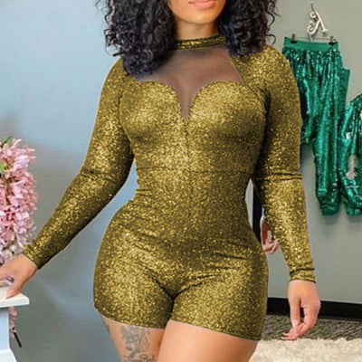 Glitter Long Sleeve Sheer Mesh Patchwork Romper