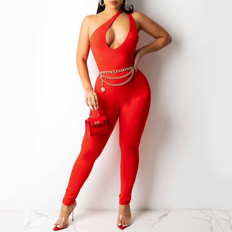 Solid Sleeveless One Shoulder Cut Out Jumpsuit