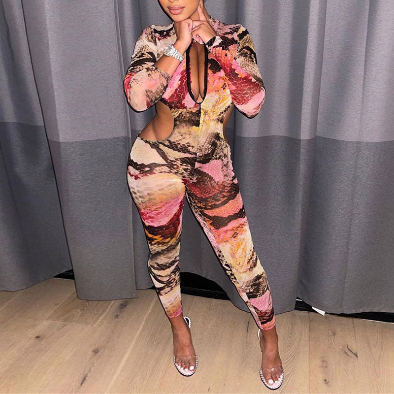 Print Long Sleeve Cut Out Skinny Jumpsuit