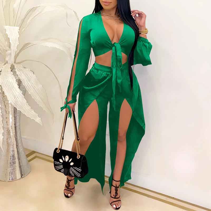 Solid Long Sleeve Tied Crop Top & Slit Pants Set