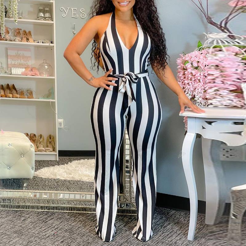 Stripe Print V-Neck Wide Leg Jumpsuit