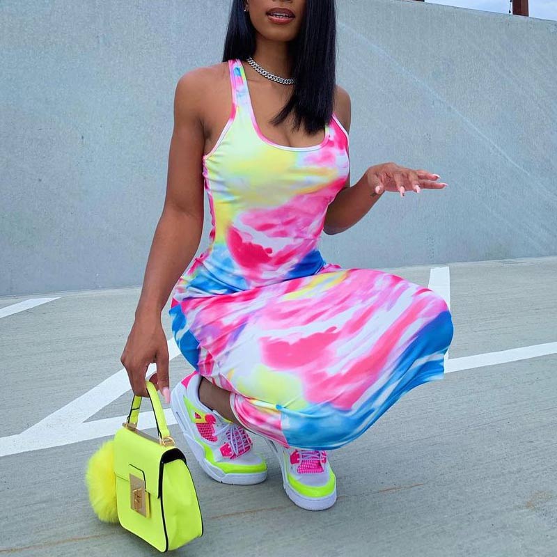 Tie Dye Print U Neck Sleeveless Bodycon Dress