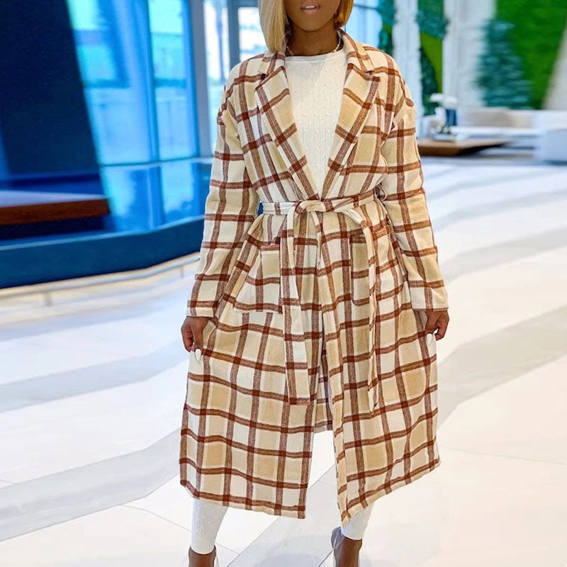 Plaid Pattern Long Sleeve Belted Long Coat