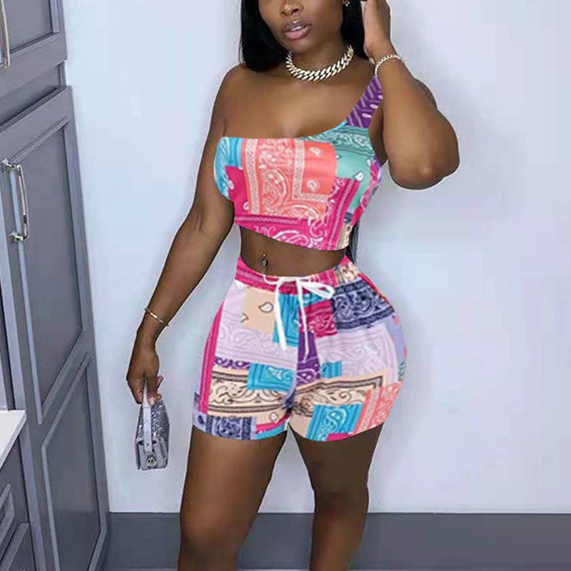 Print Sleeveless One Shuolder Two Piece Shorts Set