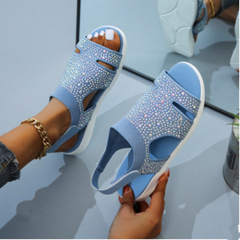 Rhinestone Open Toe Cut Out Elastic Sandals