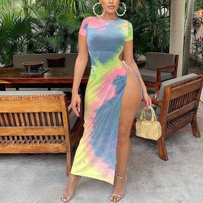 Tie Dye Print  Short Sleeve Tied High Slit Dress