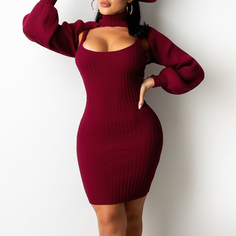 Solid U Neck Knitted Dress & Top Set