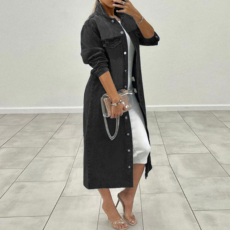 Solid Long Sleeve Button Detailed Denim Shirt Dress